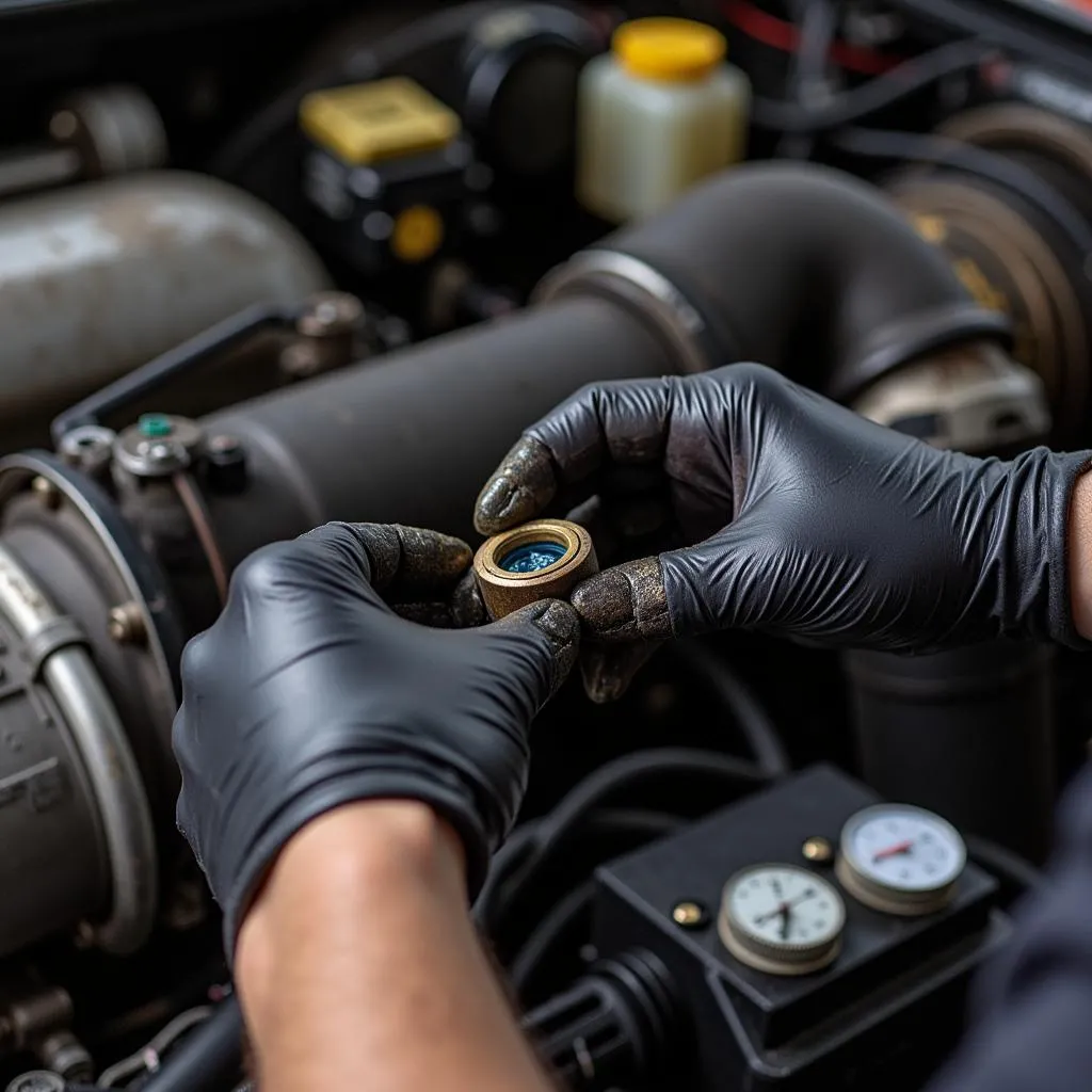 Mechanic inspecting the MAP sensor in a vehicle engine bay