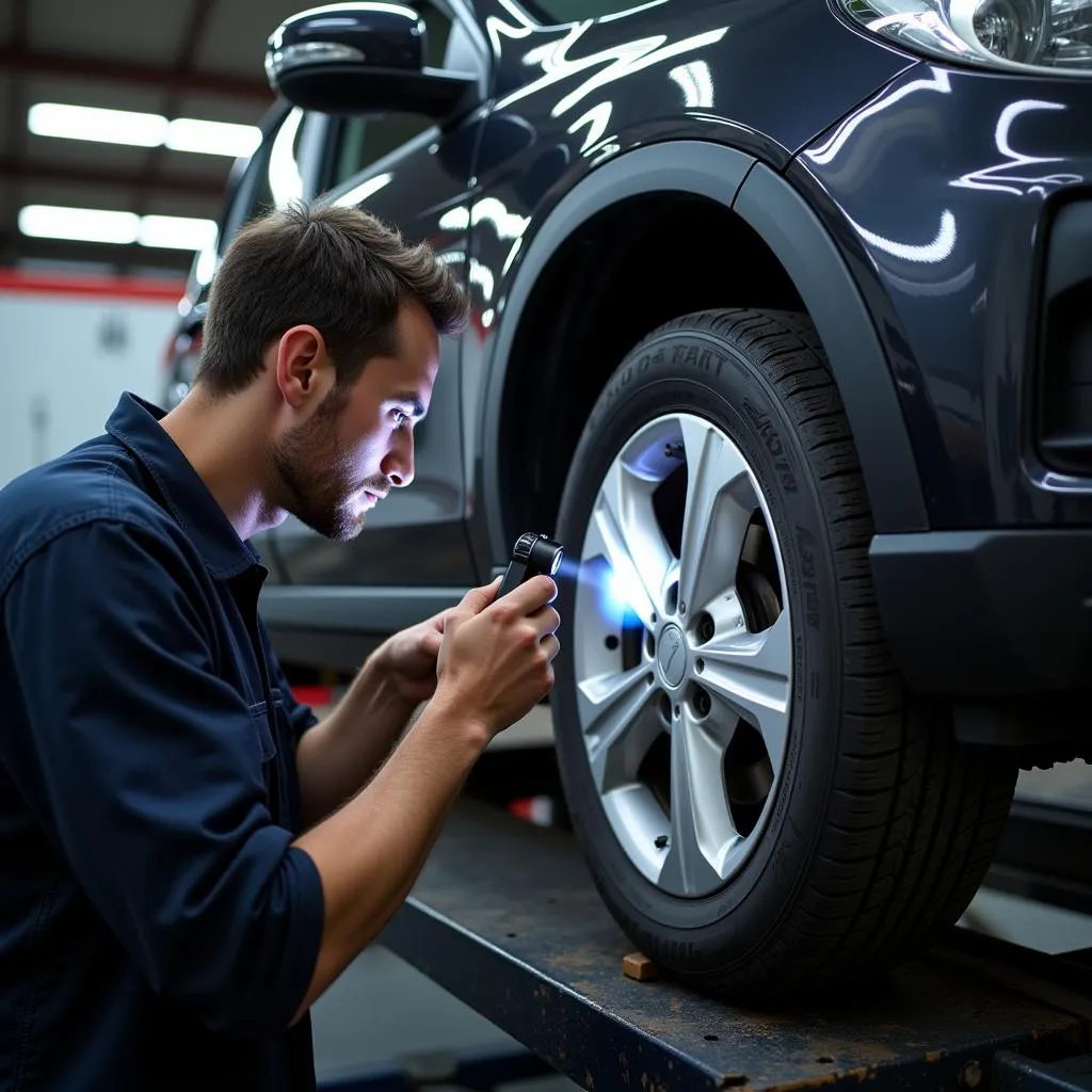 Mechanic inspecting tire damage in a repair shop