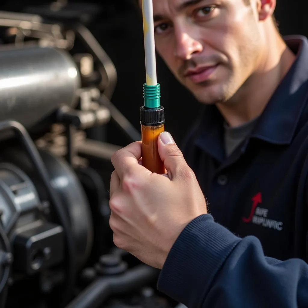 Mechanic inspecting transmission fluid on a dipstick