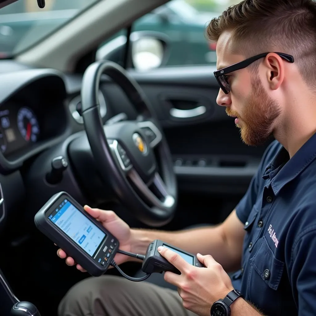 Mechanic inspecting a used car before purchase