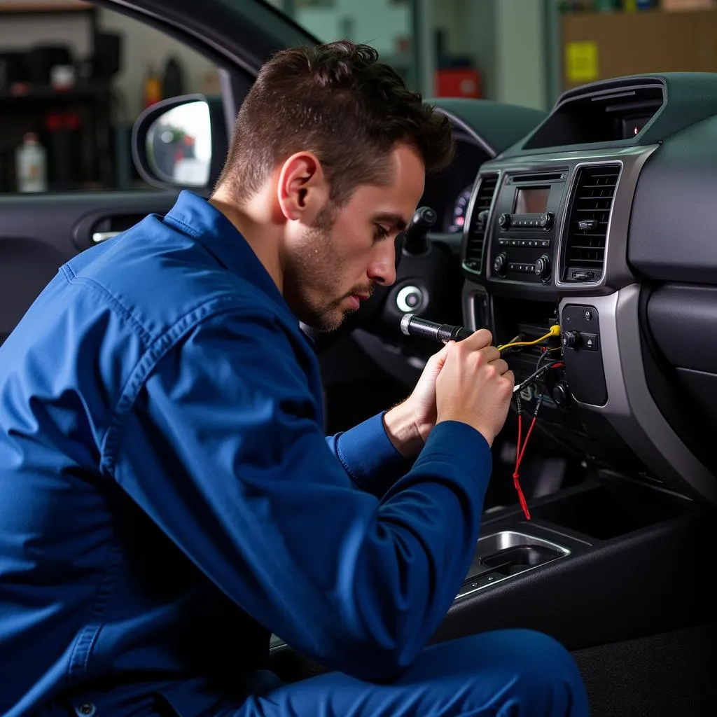 Mechanic inspecting wiring harness for damage