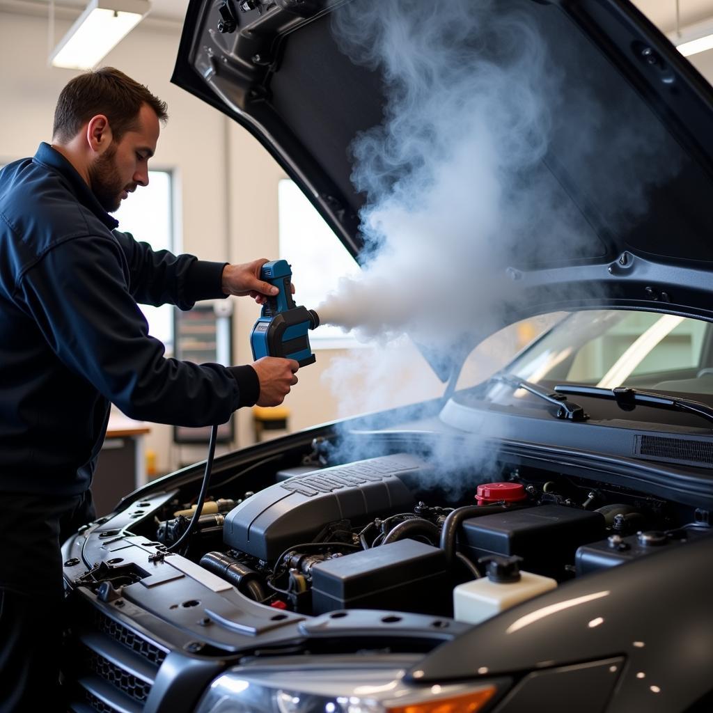 Mechanic Performing a Smoke Test to Diagnose P0442