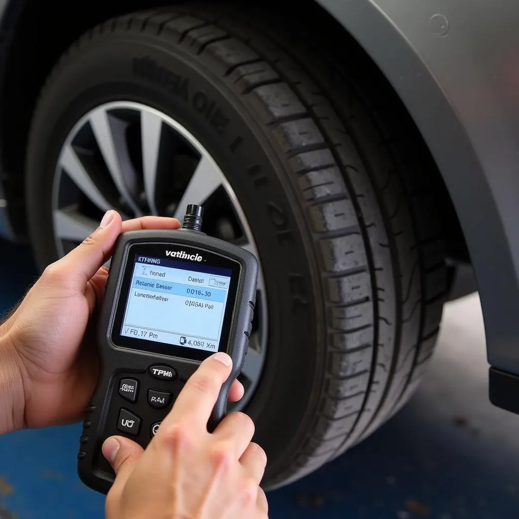 A mechanic using a TPMS programming tool to program a new TPMS sensor.