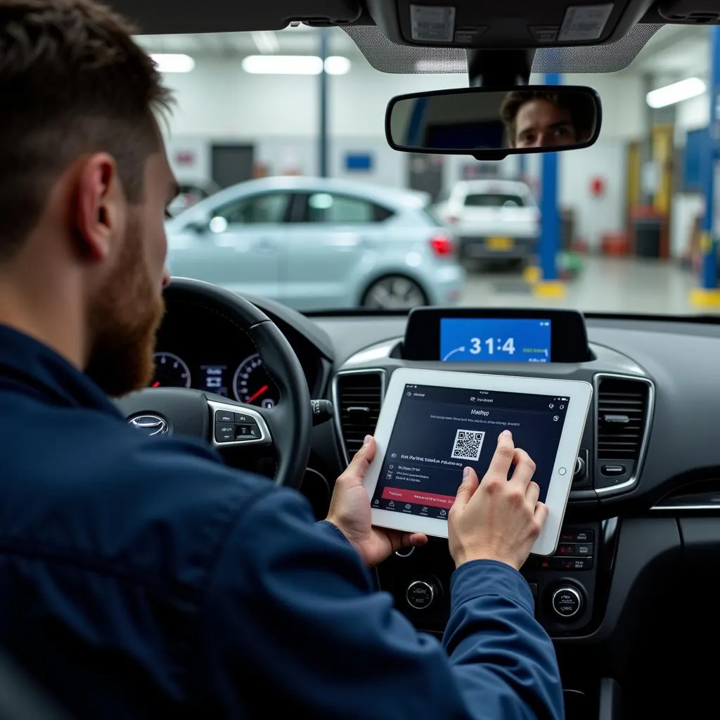 Mechanic Using QR Code for Car Diagnostics