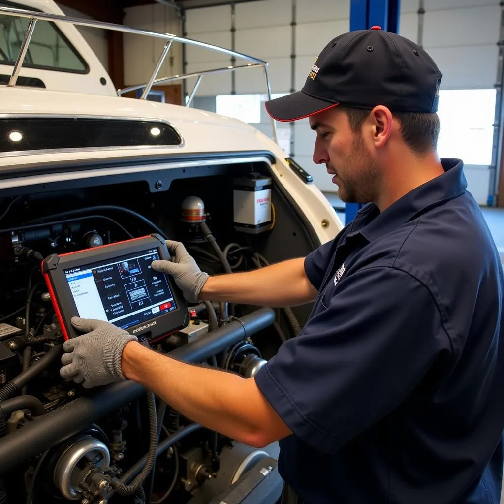 Mechanic Diagnosing Mercruiser 350 Mag MPI with a Scan Tool