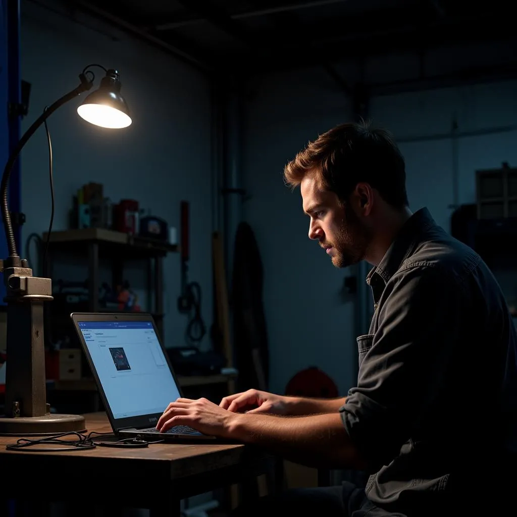 Mechanic browsing a used scan tool forum on his laptop