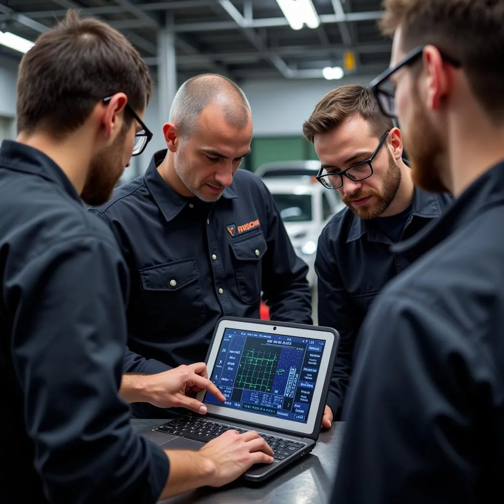 A team of mechanics reviewing diagnostic data on a scan tool in a modern automotive workshop