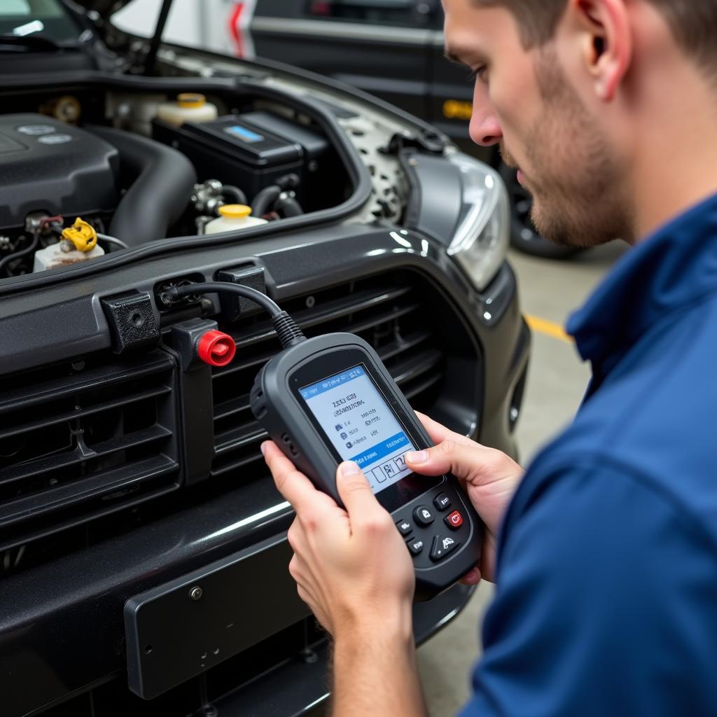 Mechanic Testing a Used Scan Tool on a Car