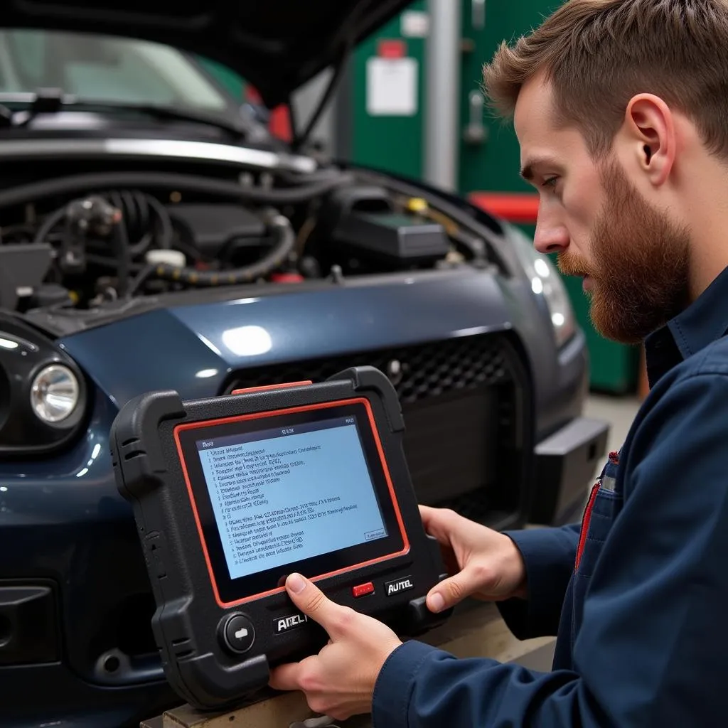 Mechanic Using Autel Scanner for Troubleshooting Nissan Key Programming