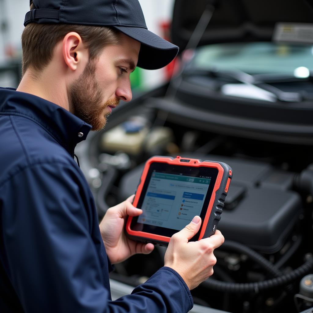 A mechanic updating his scan tool software on a tablet