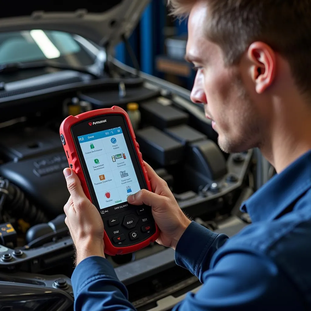 Mechanic utilizing a PCM scan tool for car diagnostics