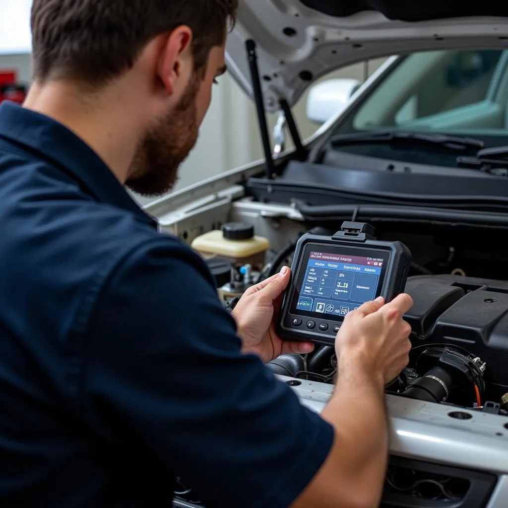 Mechanic Using a Scan Tool on a Vehicle