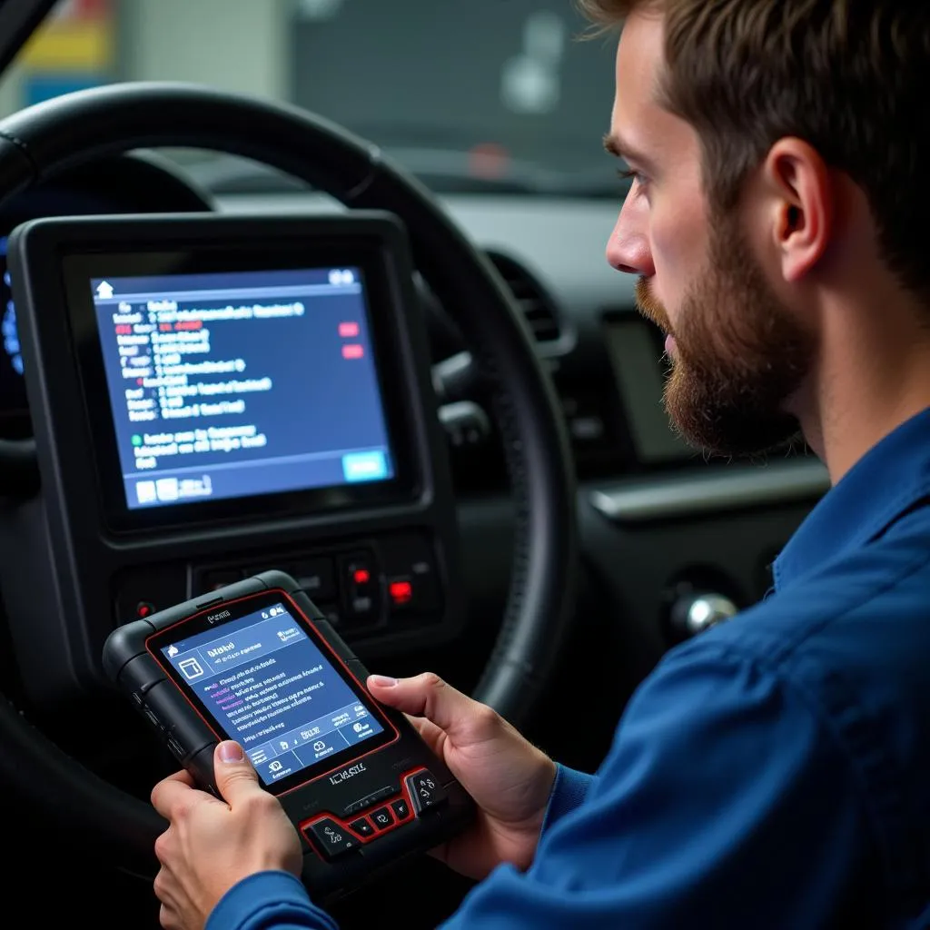 Mechanic using an ABS code scanner tool to diagnose car issues