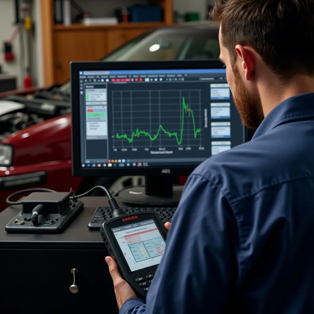 Mechanic using ABS scanner to diagnose brake problem