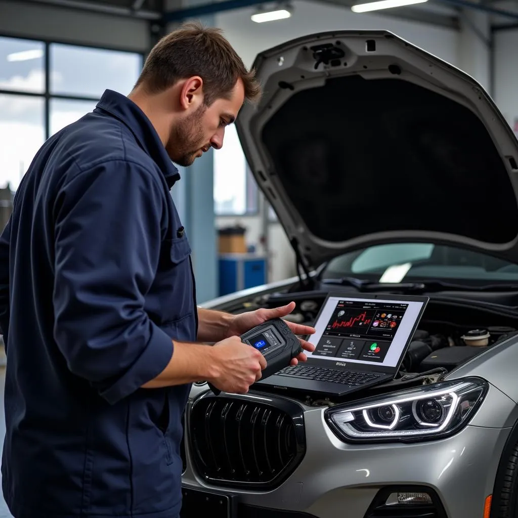 Mechanic Using Advanced OBD Scan Tool USB in Garage