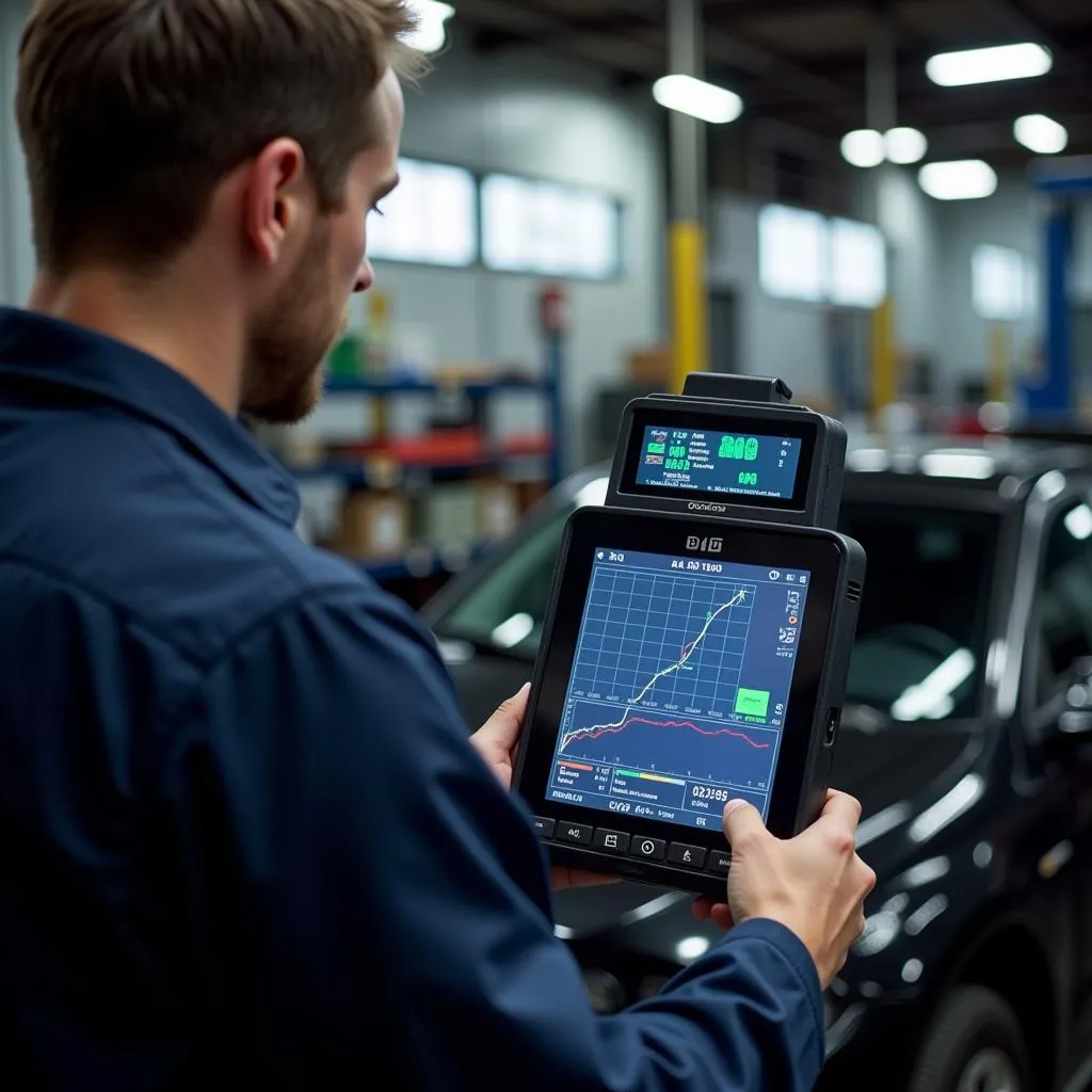 Mechanic using an advanced OBD2 scanner to diagnose a car problem