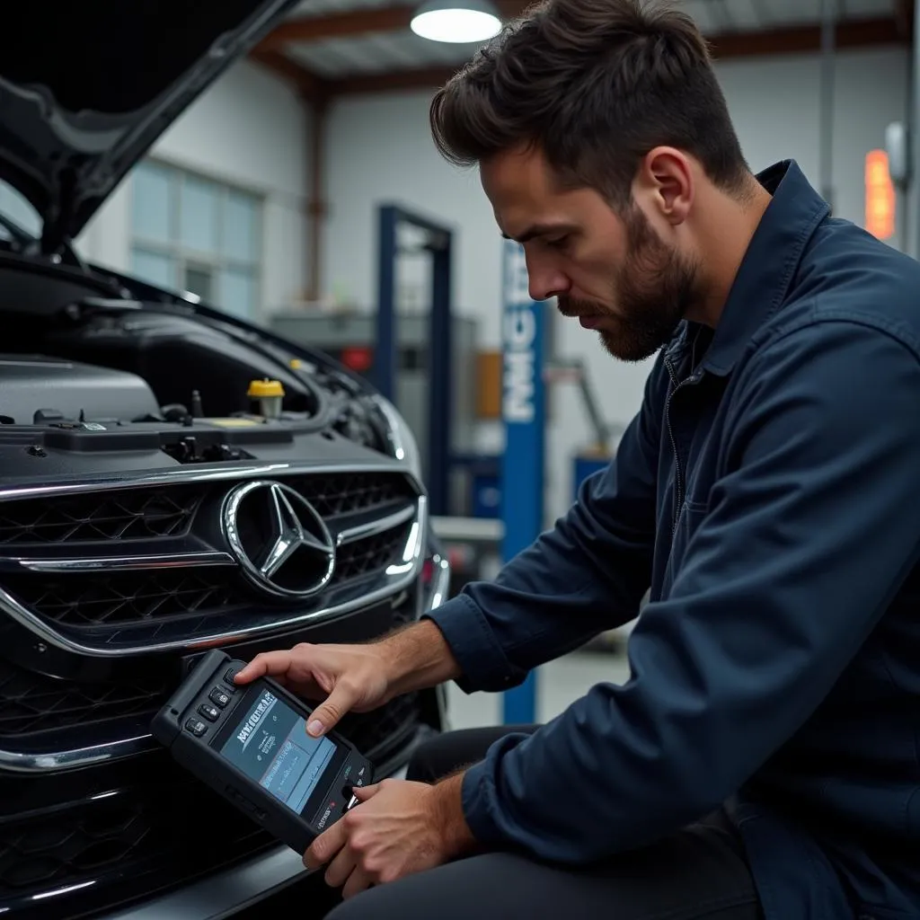 Mechanic using an advanced scan tool for ABS diagnostics