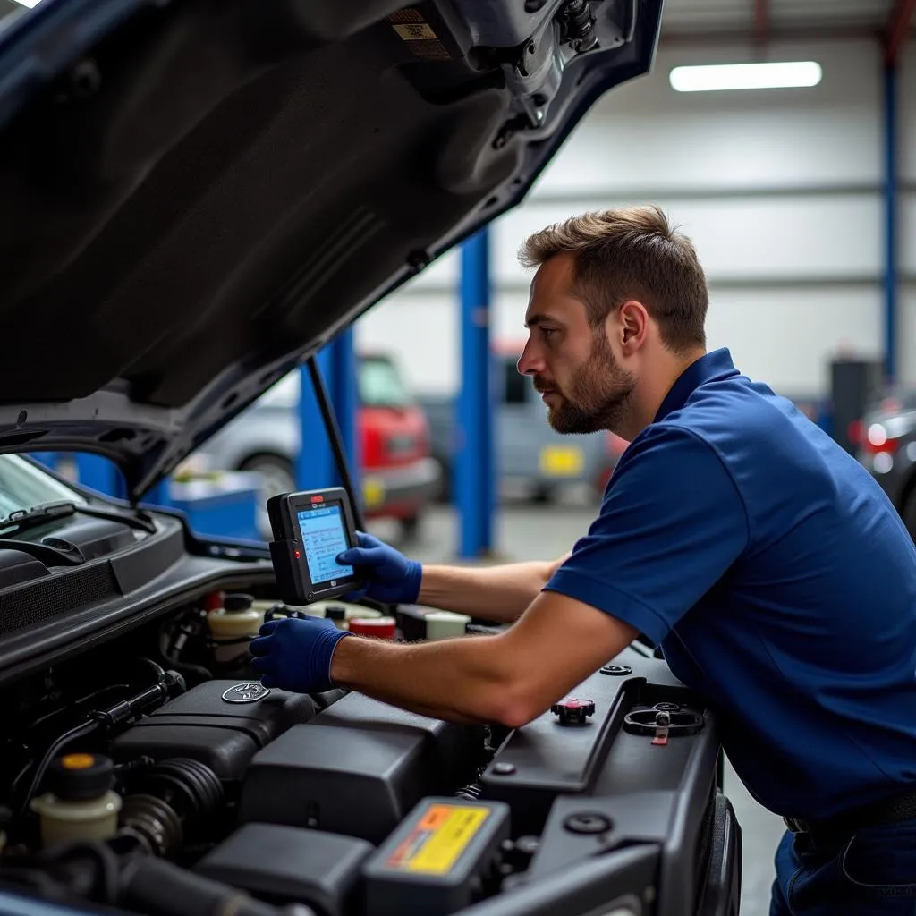 Mechanic Using AE Scan Tool on Powerstroke Engine