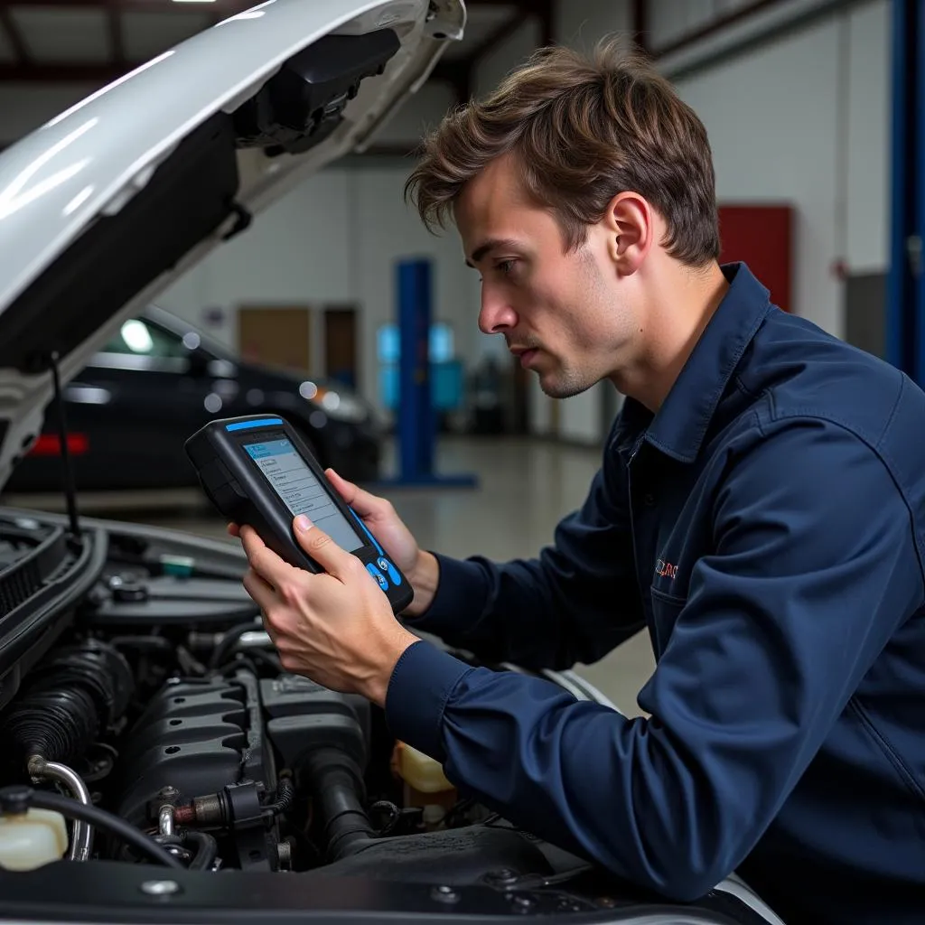 Mechanic using an airbag code scanner to diagnose a car