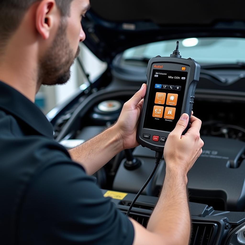 Mechanic Using Autel MaxiCOM MK608K-1 in a Workshop