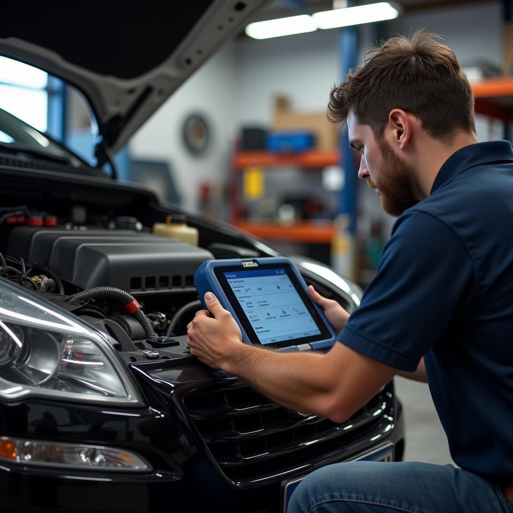 Mechanic using the Autel 908 in a car repair shop