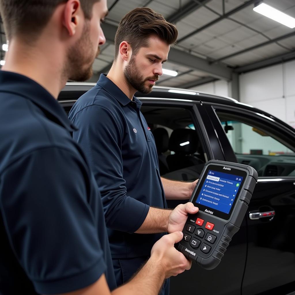 Mechanic using Autel AL519 in Garage