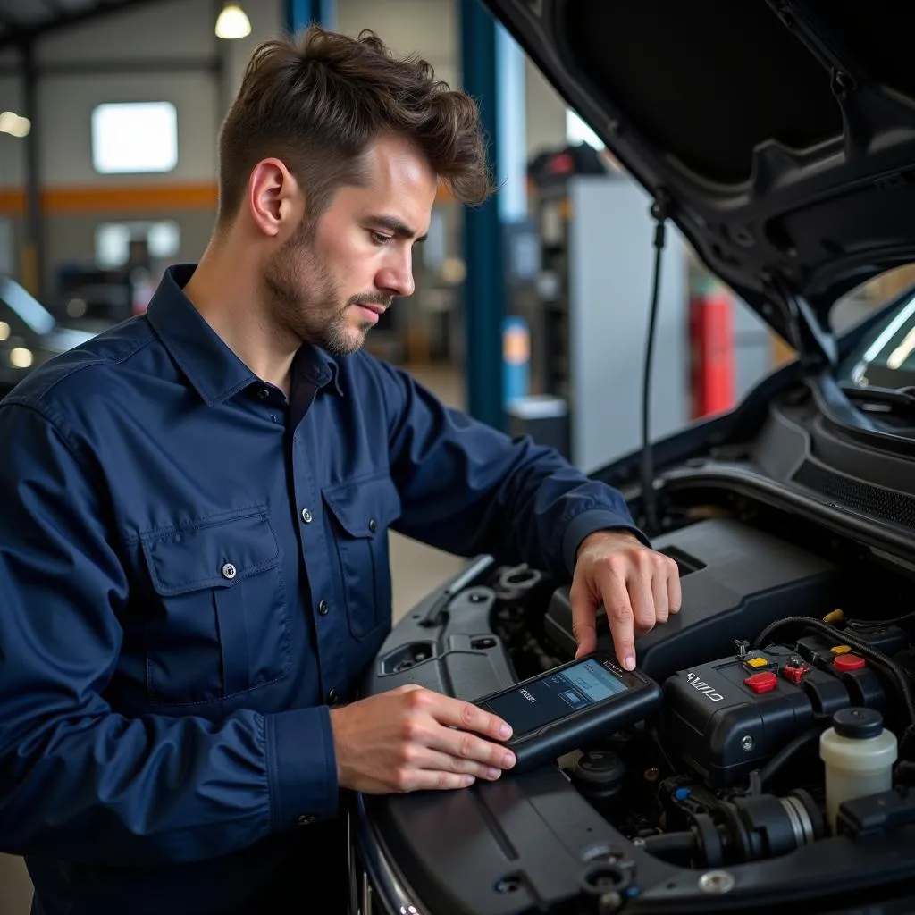 Mechanic using Autel Diagnosi scanner in a professional workshop setting