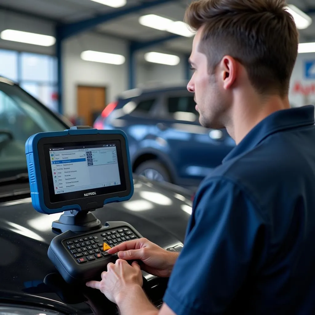 Mechanic using Autel diagnostic tool in his workshop