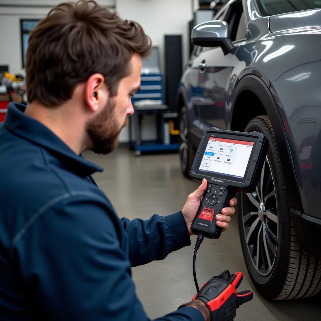 Mechanic Using Autel J2534 Device in a Workshop