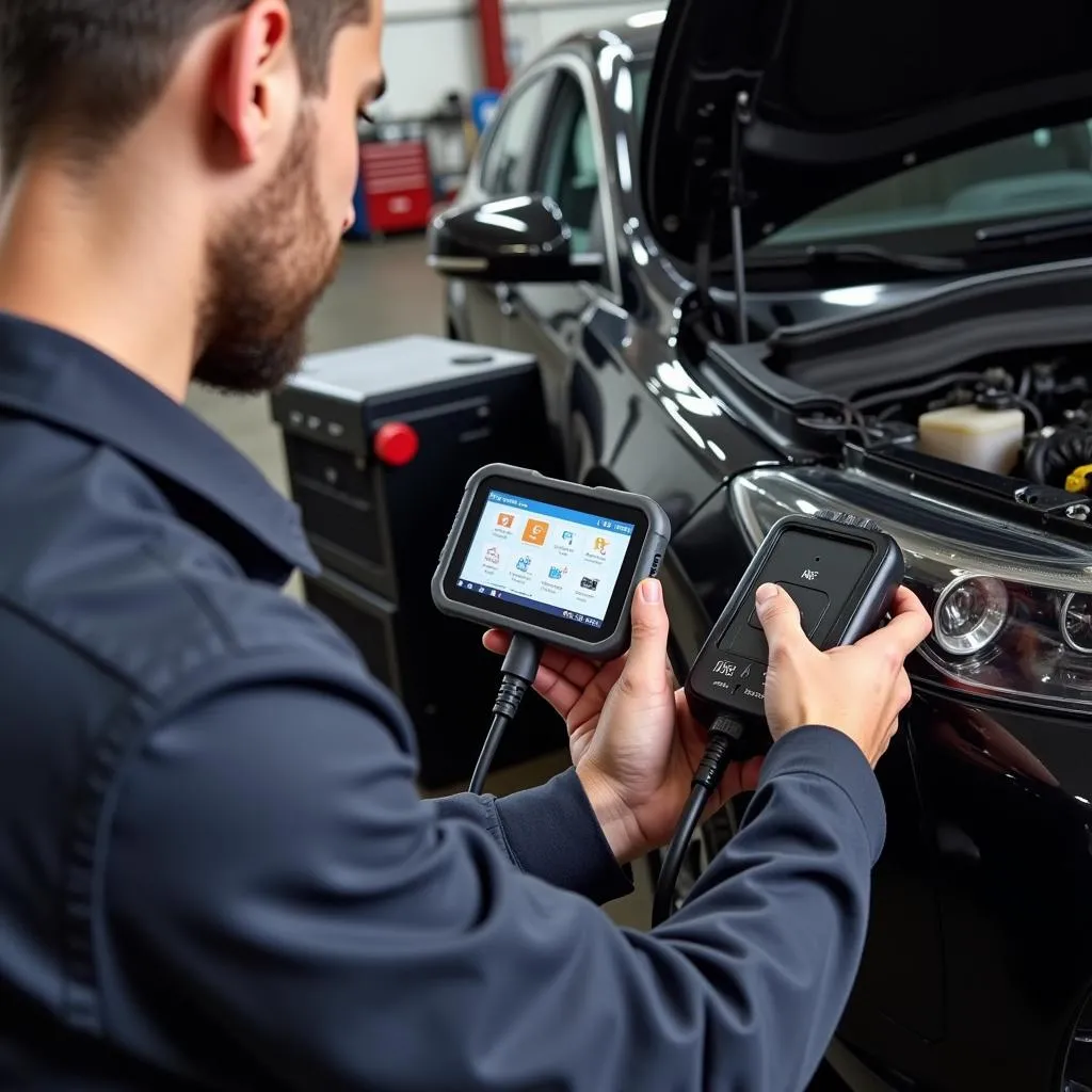 Mechanic Using Autel MaxiCOM MK808 on Car