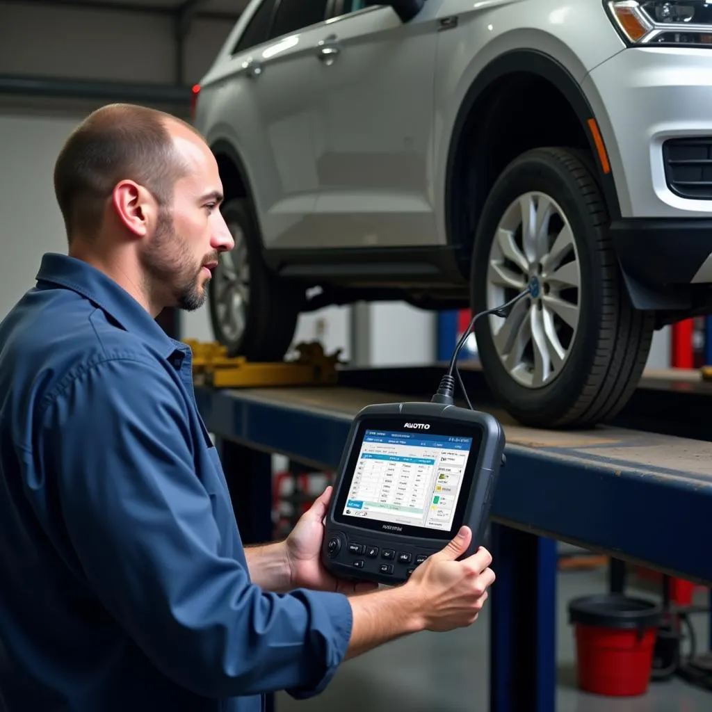 Mechanic Using Autel MaxiCom to Diagnose Car Problem