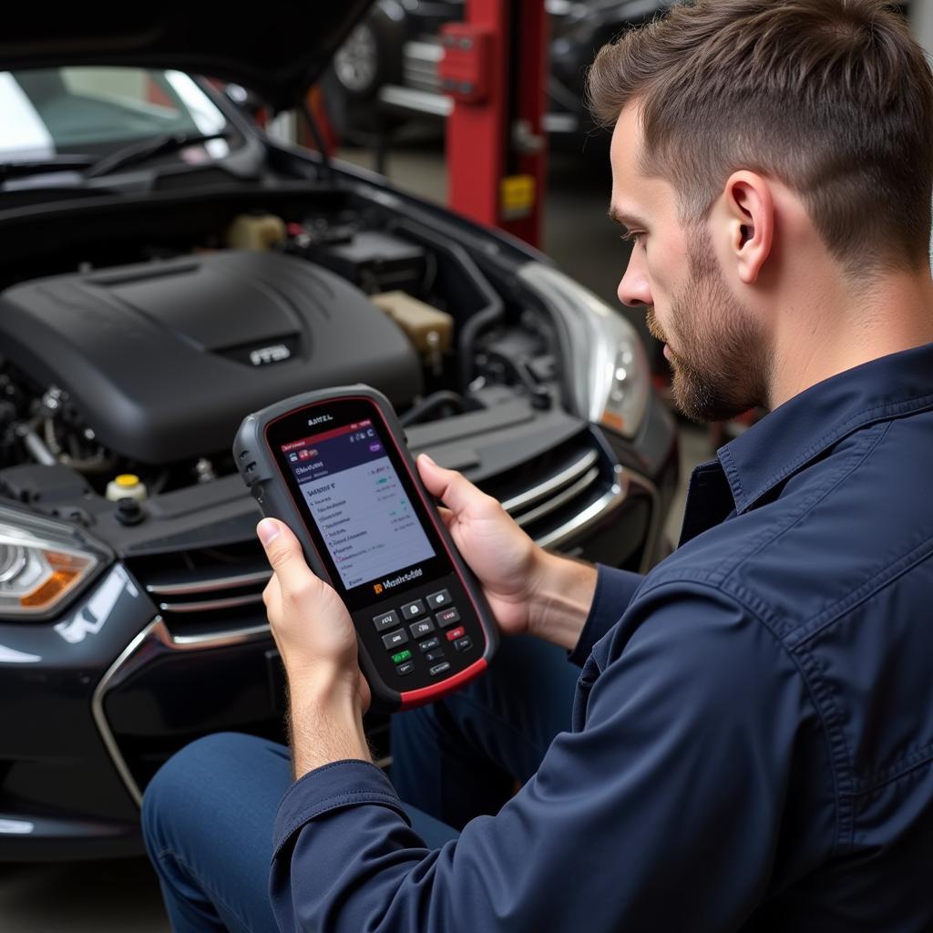 Mechanic Using Autel MaxiDiag MD808 Pro All System in Garage