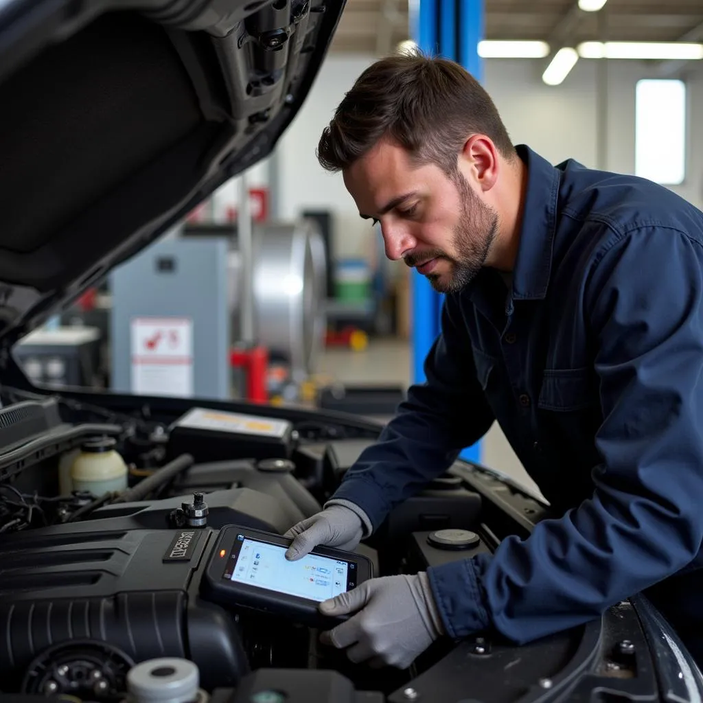 Mechanic using the Autel MaxiScan MS300 Diagnostic Tool to diagnose a car problem