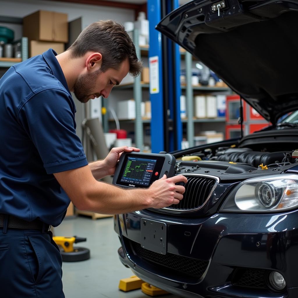 Mechanic Using Autel Maxiscan to Diagnose Car