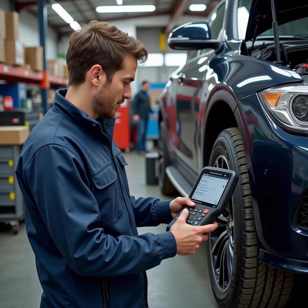 Mechanic Using Autel MaxiSys MS919 in Workshop