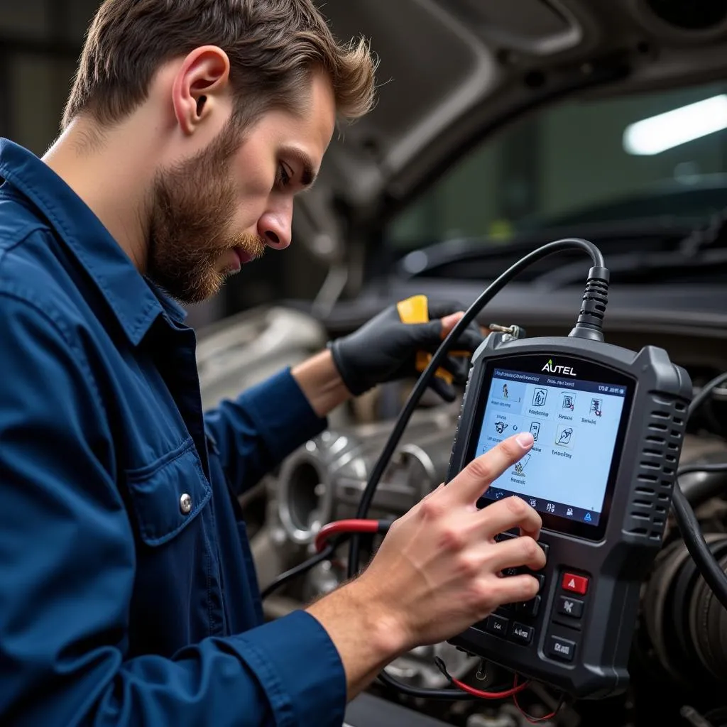 A mechanic using the Autel MaxiSys for TCM programming