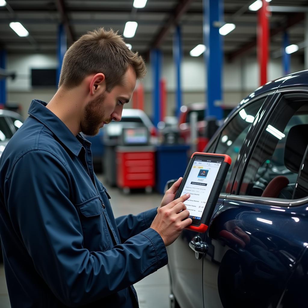 Mechanic Using Autel MaxiSys Ultra Lite in a Busy Workshop