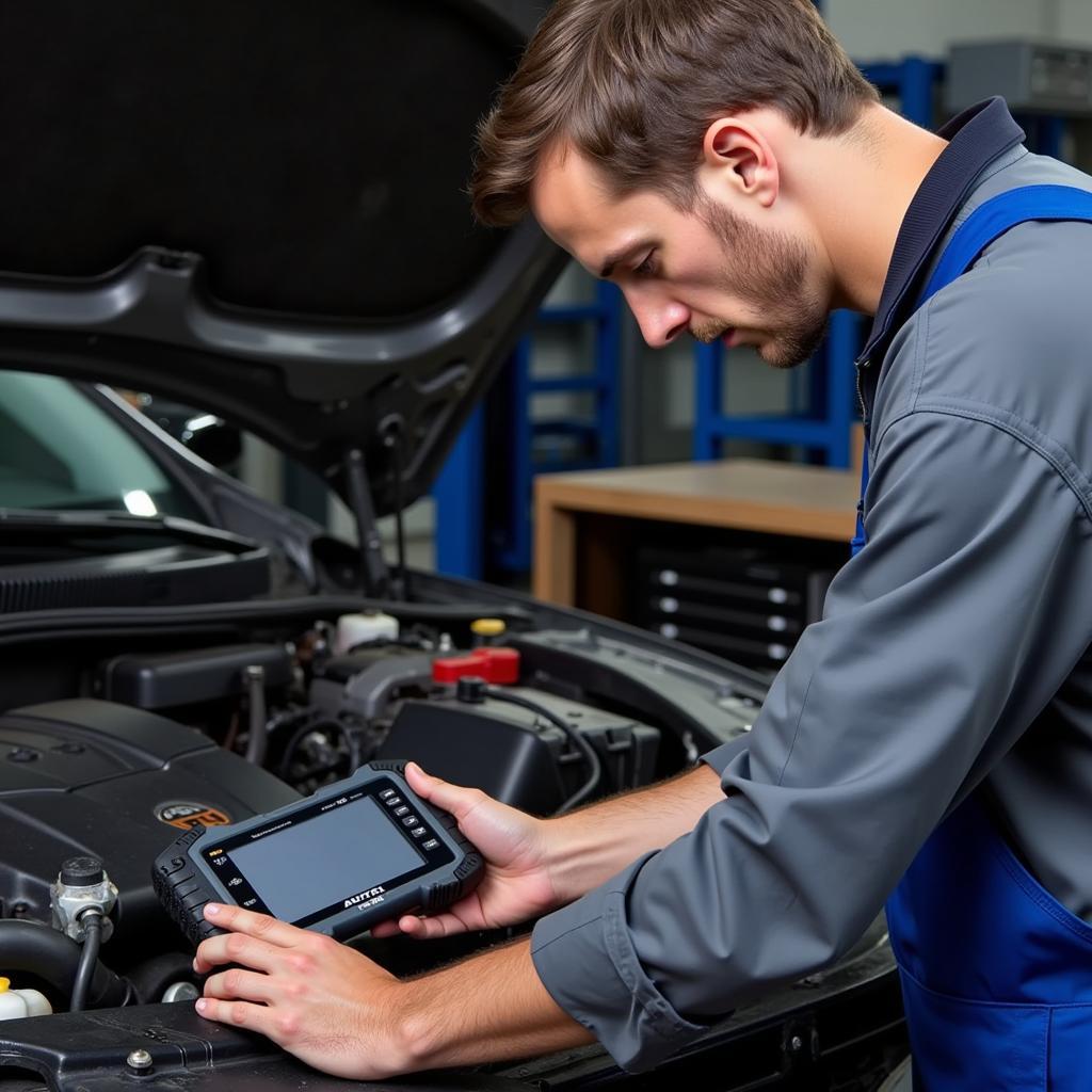 Mechanic Using Autel MD802 in a Workshop