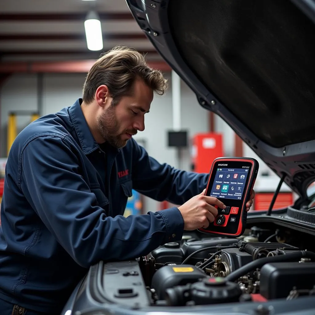 Mechanic using Autel MD802 to diagnose engine problem