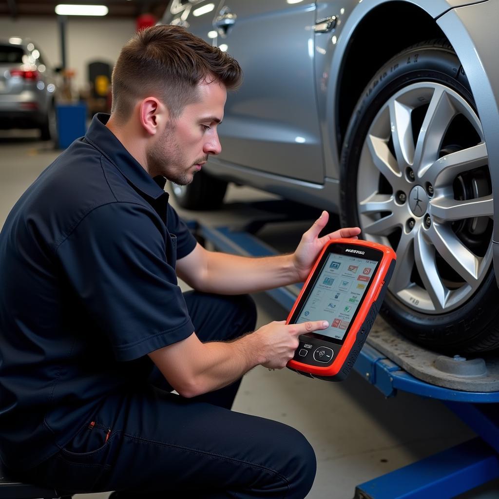 Mechanic Using Autel MD808 in a Workshop