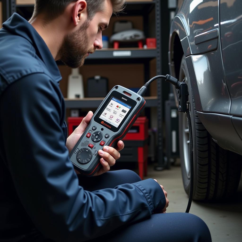 Mechanic Using Autel MD808TS in a Workshop