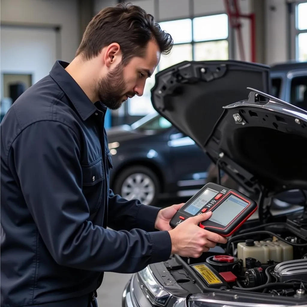 A mechanic using the Autel MF2534 to diagnose a car