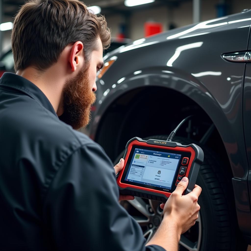 Mechanic Using Autel MK808BT in Workshop