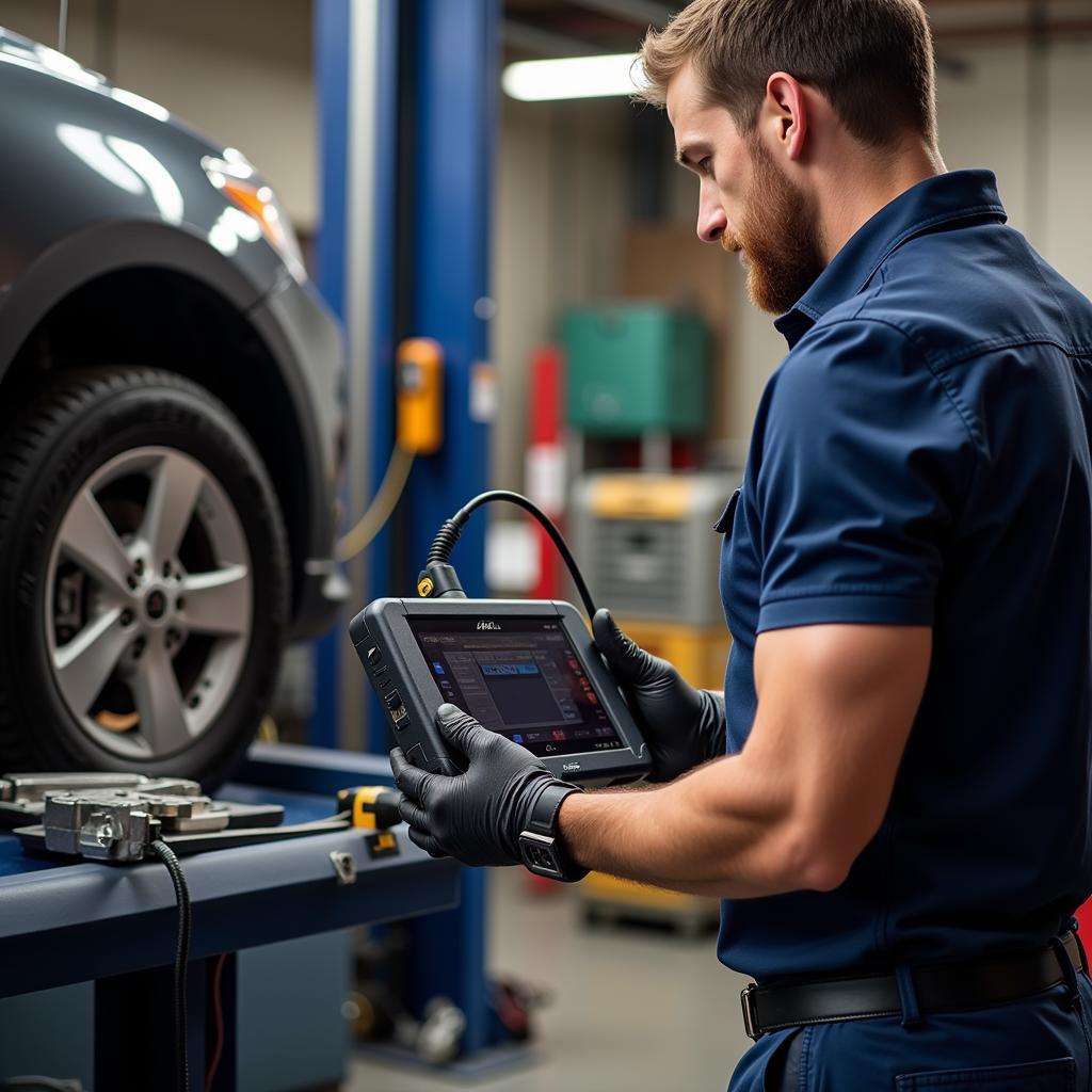 Mechanic Using Autel MP808TS in Workshop