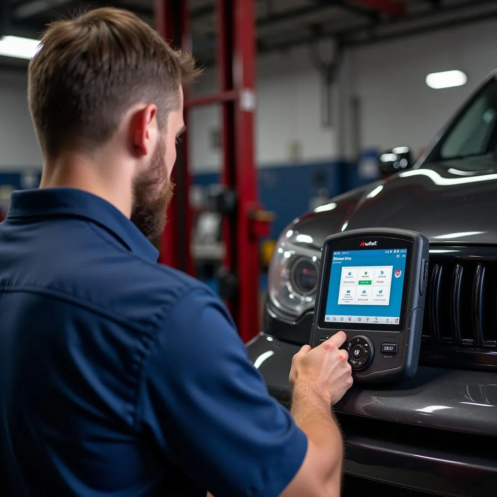 Mechanic Using Autel MaxiSys MS909 in Garage