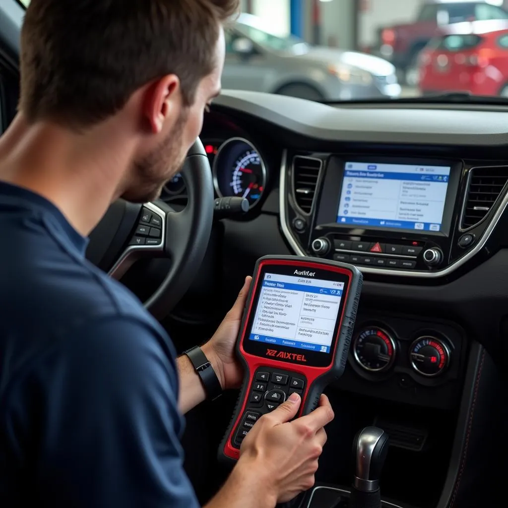 Mechanic Using Autel MX808 to Diagnose Car