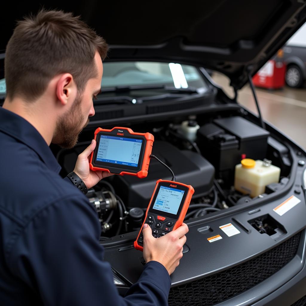 Mechanic Using Autel Scanner on Truck