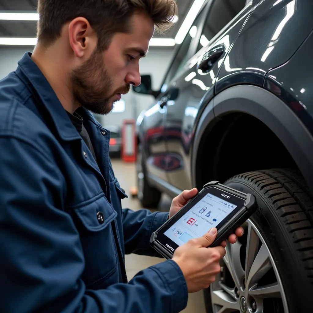 Mechanic using Autel scanner to diagnose car problem