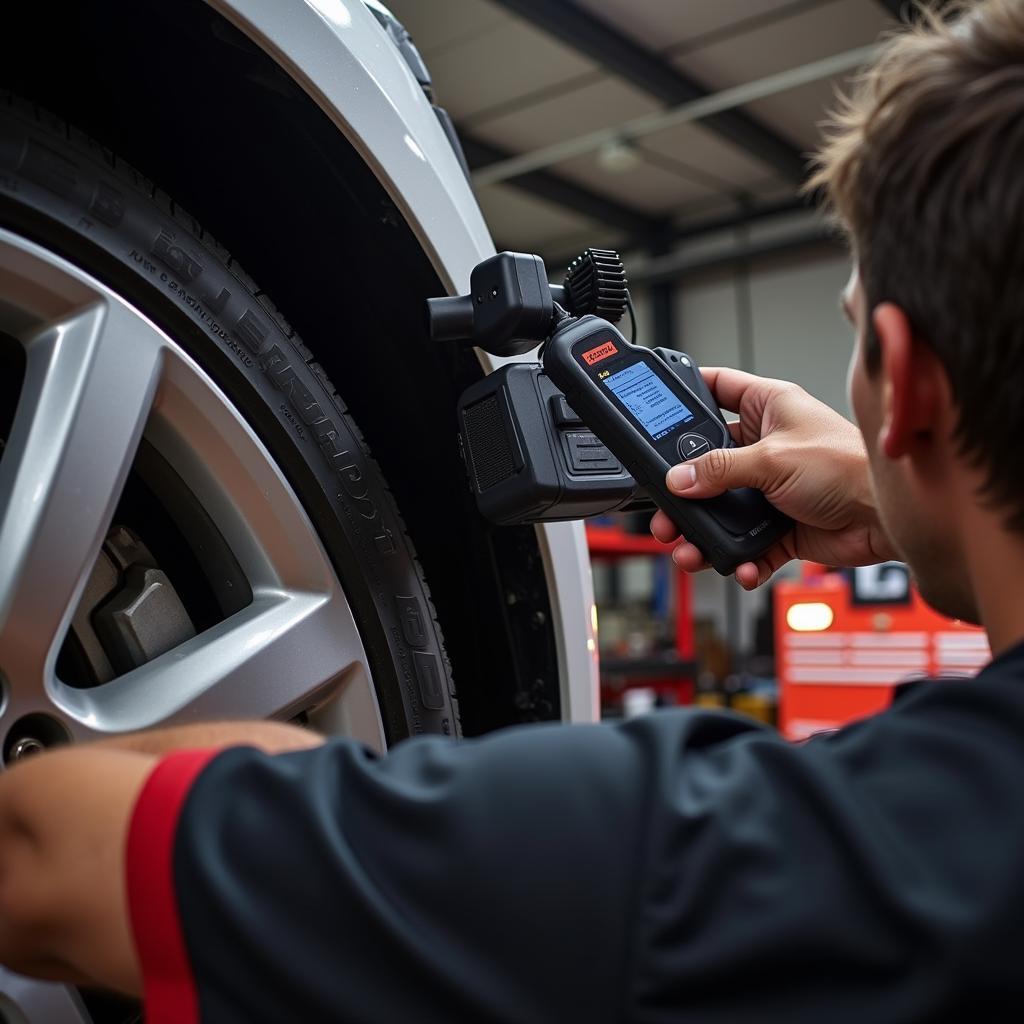 Mechanic Using Autel Scanner for Brake Bleed