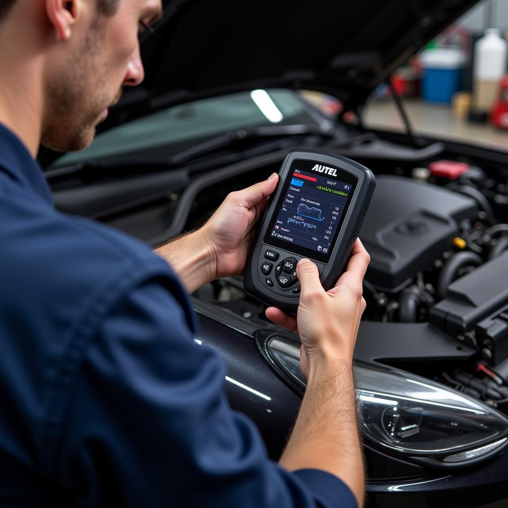 Mechanic Using Autel Scanner for Diagnostics